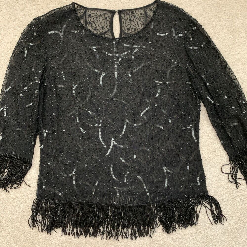 Black Beaded Sequin Sheer Top Blouse 3/4 Sleeves Size XS Petite